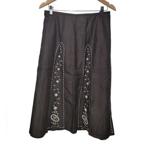 20W I.E. WOMAN Boho Brown Floral Embroidered Lined 100% Cotton Midi Skirt
